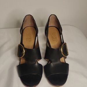 Franco Sarto Black Leather Open-Toe Heels with Gold Buckles